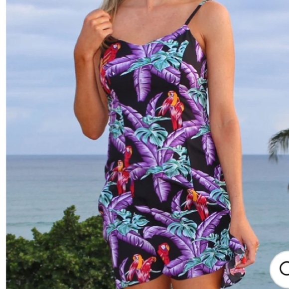 Paradise Found Dresses & Skirts - Vintage Paradise Found Women’s Jungle Bird Tropical Purple Hawaiian Mini Dress L